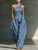 Women's Loose Sleeveless Off-Shoulder Belted Wide-Leg Jumpsuit by FitiqueFit
