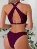 Bikini Criss Cross Neck 2 Piece High Cut Flattering Swimsuit for Women – Elegant Solid Color Bikini Set with Stretchy Cross Strap Detailing – Comfortable and Stylish Swimwear for Poolside Lounging Beach Days & Summer Vacations by Stevvex
