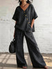Women's Loose Cotton-Linen V-Neck Top & Wide-Leg Pants Set by FitiqueFit