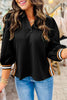 Black Stylish Textured Striped Patchwork Polo Collar Pullover Sweatshirt by Wild and Free Boutique
