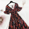 Summer Women Ruffled Short-sleeved Chiffon Dress V-neck High Waist Floral Print Beach Midi Dresses For Women by Stevvex