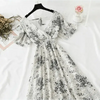 Summer Women Ruffled Short-sleeved Chiffon Dress V-neck High Waist Floral Print Beach Midi Dresses For Women by Stevvex