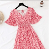 Summer Women Ruffled Short-sleeved Chiffon Dress V-neck High Waist Floral Print Beach Midi Dresses For Women by Stevvex