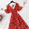 Summer Women Ruffled Short-sleeved Chiffon Dress V-neck High Waist Floral Print Beach Midi Dresses For Women by Stevvex