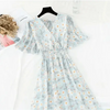 Summer Women Ruffled Short-sleeved Chiffon Dress V-neck High Waist Floral Print Beach Midi Dresses For Women by Stevvex