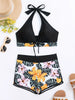 Bikini Floral Halter Neck 2 Piece Swimsuit for Women – Elegant Backless Bikini Set with Tie-Neck Bow and High Waist Shorts Bottoms – Stretchy and Comfortable Summer Swimwear for Beach Pool and Vacation by Stevvex