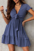 Blue Deep V Neck Self-tie Knotted Front Layered Flare Mini Dress by Wild and Free Boutique