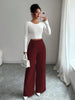 Women's High-Waist Straight-Leg Pants – Solid Color Button Detail Full Length by FitiqueFit