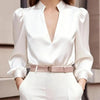 Women’s Satin V-Neck Long Sleeve Top – Slim Fit Solid Color Blouse by FitiqueFit