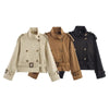 Women's Notch-Collar Short Trench Coat with Belt Buckle Detail by FitiqueFit