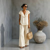 Women's V-Neck Ruffled Hem Top & Wide-Leg Pants Two-Piece Set by FitiqueFit
