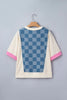 Dusk Blue Checkered Denim Patchwork Short Sleeve Loose Top by Wild and Free Boutique