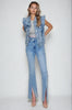 Victorian Charm Ruffle-Trim Denim Vest Jacket – Sleeveless Statement Layer- Light Denim