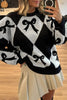 Red Bow Print 2-tone Rhombus Knit Loose Sweater by Wild and Free Boutique