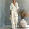 Women's Waist-Cinched V-Neck Printed Wide-Leg Jumpsuit by FitiqueFit