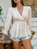 Devine Swiss Dot Lace Detail Surplice Flounce Sleeve Blouse