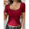 Women’s Y2K Lace Trim Slim Fit Tee – U-Neck Short Sleeve Top by FitiqueFit