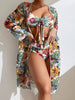 New Tropical Bloom 3-Piece Swimsuit Set – High Waist Floral Fluttering Bikini with Crew Neck Top Spaghetti Straps and Matching Long Sleeve Cover-Up – Stylish Stretchy Women’s Swimwear for Beach & Summer Escapes by Stevvex