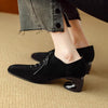 Women's Retro Sheepskin Square Toe Chunky Heel Pumps – Lace-Up Mid Heel by FitiqueFit