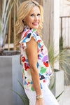 Multicolor Abstract Print Ruffle Sleeve Smocked Blouse