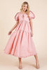 Ruffle Trim Puff Sleeve Tiered Babydoll Midi Dress – Fluttering, Sweet, Elegant, Feminine, and Trendy Babydoll Midi Dress with Ruffle Trim and Puff Sleeves by Stevvex