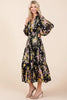 Flower Print Satin Lurex Stripe Smocked Midi Dress For Summer – Elegant and Sparkling Floral Dress with Tiered Design by Stevvex