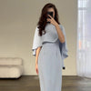 Light Blue Satin Bat Shawl Waist-controlled Long Sleeves Dress
