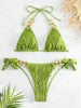 Bikini Ruched Texture Golden Chain 2 Piece Triangle Swimsuit for Women – Striped Halter Bikini Set with Bow Tie Side and Elegant Ring Link Detail – Stretchy Beachwear for Pool Bathing and Summer Vacations by Stevvex
