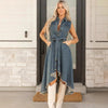 Women's Sleeveless Denim Midi Dress – Irregular Hem Button-Front by FitiqueFit