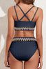 Navy Blue Ribbed Knit Tribal Contrast Detail 2pcs High Waist Swimsuit by Wild and Free Boutique