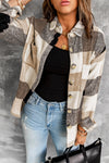 Khaki Plaid Color Block Shacket With Buttoned Pockets