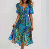 Floral Print A-Line Dress – V-Neck Short Sleeve Midi Dress by FitiqueFit