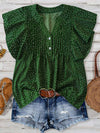 Polka Dot Notched Ruffled Cap Sleeve Blouse