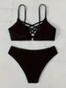 Noir Allure Criss Cross Bikini Set for Women – Chic Elegant Hollow Out Design with High Waist Buckle Detail Adjustable Spaghetti Straps & Medium Stretch Nylon – 2-Piece Women's Swimwear for Summer Beach Days & Poolside Glam by Stevvex