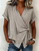 Women's Casual Lapel Collar Lace-Up Short-Sleeve Linen Top by FitiqueFit