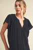 Aemi + Co Embroidered Trim Side Slit Notched Short Sleeve Blouse