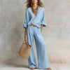 Women's Casual Linen Vacation Set – Three-Quarter Sleeve Top & Full-Length Pants by FitiqueFit