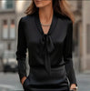 Elegant Satin Ribbon Blouse — Long Sleeve Button-Down Work Shirt by FitiqueFit