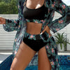 Bikini 3 Piece Tropical Print Swimsuit Set – High Stretch Comfortable Women's Bikini with Crew Neck Mesh Cover-Up – Chic Vacation Beachwear for Summer Casual Style & Poolside Glamour by Stevvex