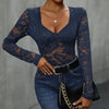 Women’s Lace Long Sleeve Bodysuit – Deep V Neck Solid Top by FitiqueFit
