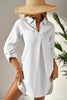 White Stripe Collared V Neck Chest Pocket Long Sleeve Beach Cover up by Wild and Free Boutique