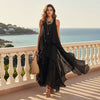 Black Asymmetrical Chiffon Maxi Dress – Flowy Sleeveless Boho A-Line Long Dress for Women by FitiqueFit