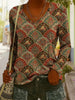 Women's Ethnic Print V-Neck Long-Sleeve Pullover Top by FitiqueFit