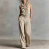 Women’s Linen Blend Two-Piece Set – Sleeveless Shirt & Wide-Leg Pants by FitiqueFit
