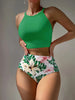 Island Bloom High Waist Bikini Set for Summer – Colorblock Tropical Print Two-Piece Swimsuit with Round Neckline Ultra-Stretch Fit & Applique Detail – Stylish and Comfortable Women’s Swimwear for Pool Beach & Summer Escapes by Stevvex
