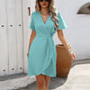 Pleated Cross V-Neck Midi Dress – Tight Waist Short Sleeve Elegant Dress by FitiqueFit