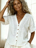 Women's Loose-Fit Faux Linen Embroidered Button-Up Top by FitiqueFit