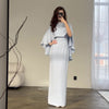 Light Blue Satin Bat Shawl Waist-controlled Long Sleeves Dress