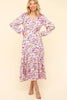 Lilac Full Size Floral V-Neck Long Sleeve Dress With Side Pockets Elegant & Practical Dress by Stevvex