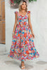 Green Boho Floral Print Ruffle Sleeveless Tiered Maxi Dress